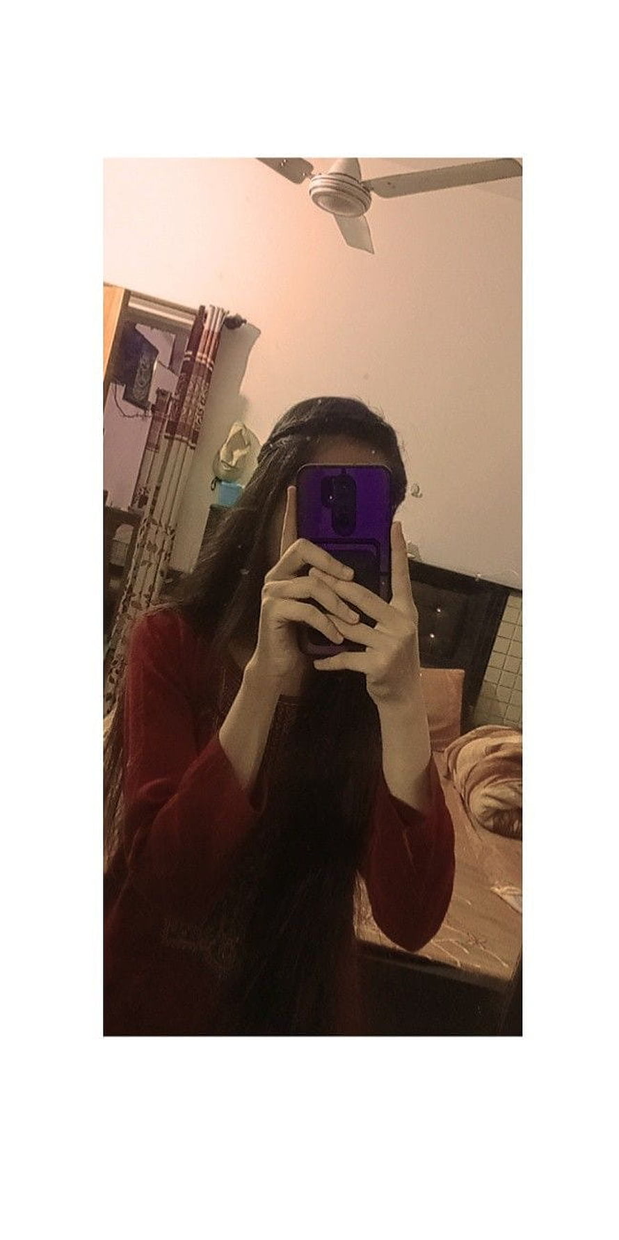 Girl Taking Mirror Selfie With Purple Phone In Bedroom HD phone wallpaper