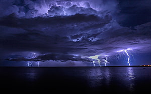 Dramatic Night Thunderstorm Over Dark Ocean With Multiple Lightning Strikes HD wallpaper