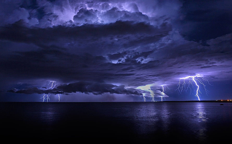 Dramatic Night Thunderstorm Over Dark Ocean With Multiple Lightning Strikes HD wallpaper
