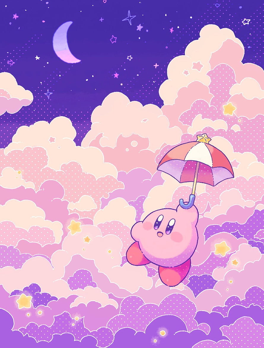 Kirby Floating Through Dreamy Pink Clouds Under a Starry Night Sky HD phone wallpaper