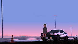 Initial D Anime Girl Leaning on AE86 Trueno at Sunset HD wallpaper