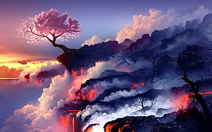 Fantasy Landscape With Glowing Pink Tree And Lava Waterfalls HD wallpaper