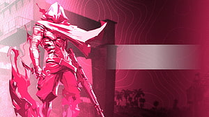 Red Hooded Assassin Character With Rifle And Fire Effects In Pink Digital Art Style HD wallpaper