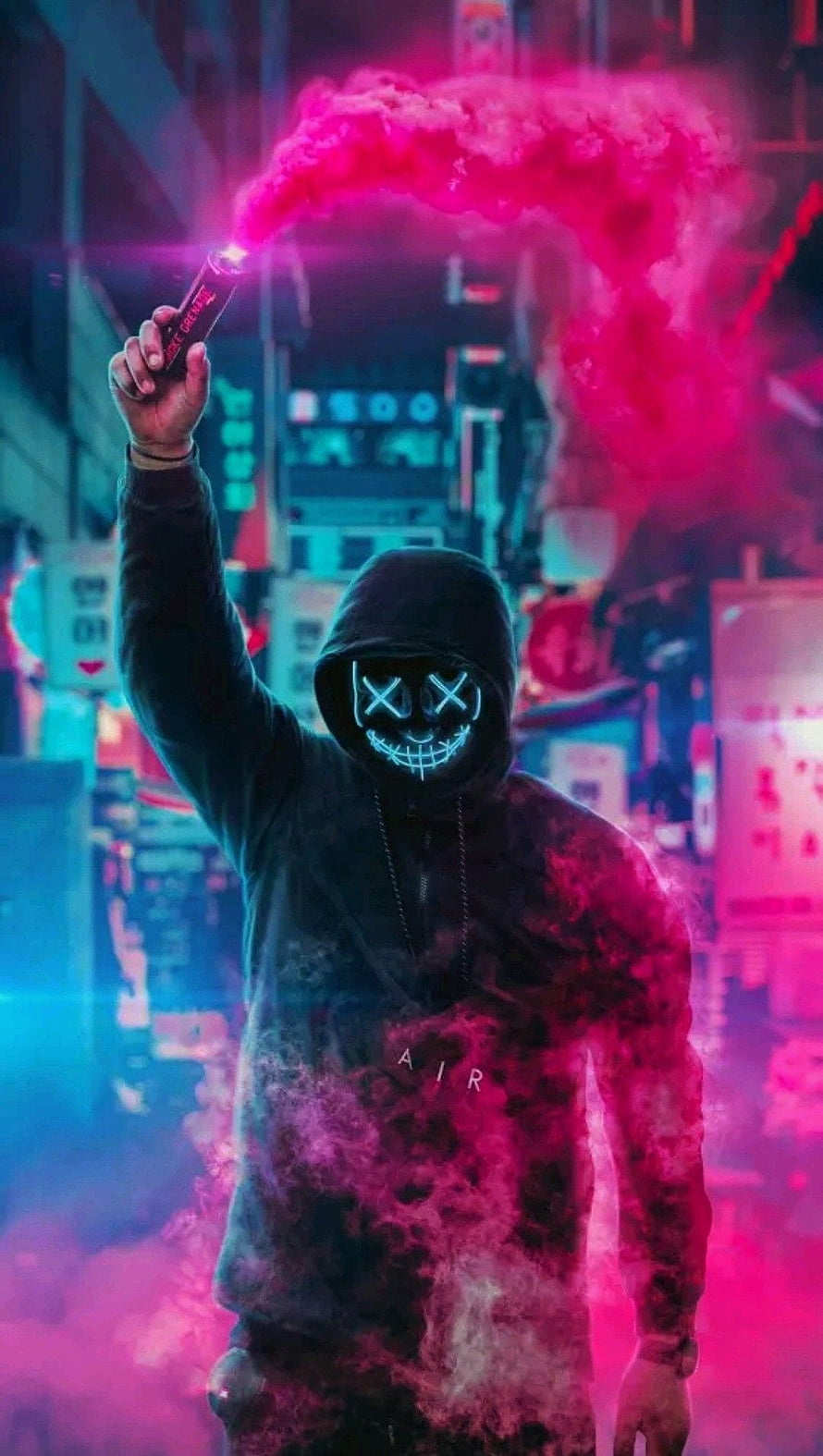 Marshmello in a neon-lit urban street holding a smoke flare with glowing mask and pink smoke HD phone wallpaper
