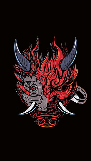 Cyberpunk Samurai Demon Mask with Cybernetic Eye and Fiery Horns HD phone wallpaper