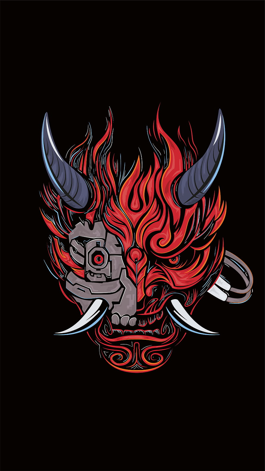 Cyberpunk Samurai Demon Mask with Cybernetic Eye and Fiery Horns HD phone wallpaper