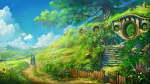 Bag End Hobbit House in the Shire with Rolling Green Hills and Fantasy Landscape HD wallpaper