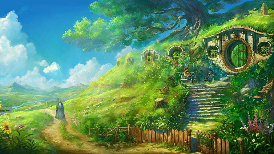 Bag End Hobbit House in the Shire with Rolling Green Hills and Fantasy Landscape HD wallpaper