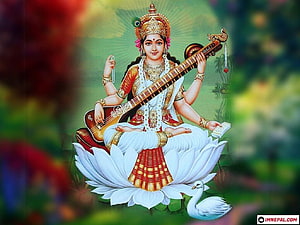 Goddess Saraswati Playing Veena on Lotus with Swan in Traditional Indian Art HD wallpaper