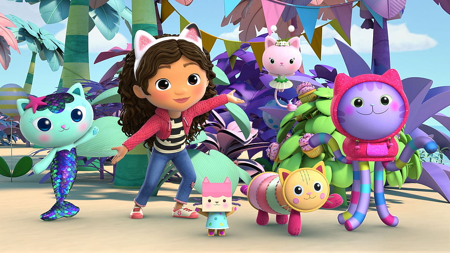Gabby's Dollhouse 3D Animation Scene Featuring Gabby and Her Cat Friends in a Vibrant Garden HD wallpaper