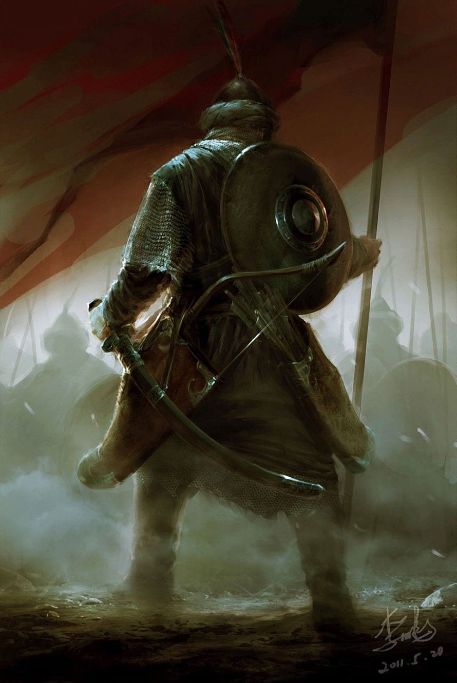 Medieval Warrior With Shield And Bow Standing In Misty Battlefield HD phone wallpaper