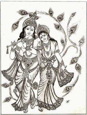 Radha Krishna Pencil Sketch with Peacock Feathers and Traditional Indian Attire HD phone wallpaper