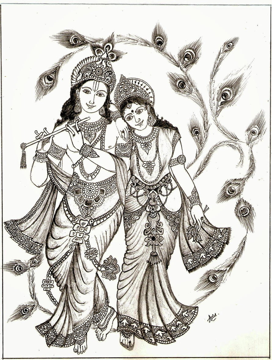Radha Krishna Pencil Sketch with Peacock Feathers and Traditional Indian Attire HD phone wallpaper
