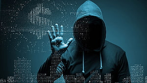Hooded Hacker Silhouette with Digital Data Overlay and Cybersecurity Theme HD wallpaper