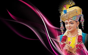 Swaminarayan Bhagwan in ornate golden crown and traditional Indian attire with pink floral garlands HD wallpaper