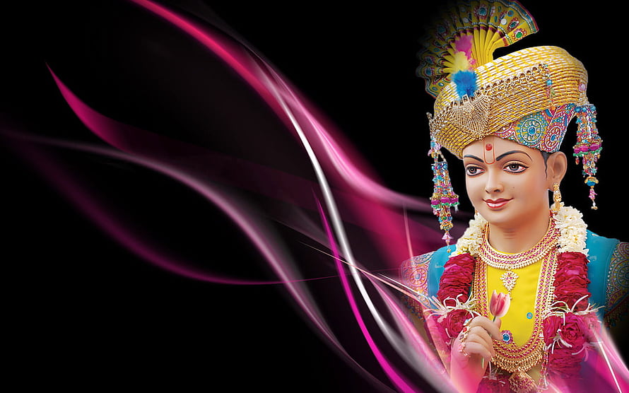 Swaminarayan Bhagwan in ornate golden crown and traditional Indian attire with pink floral garlands HD wallpaper
