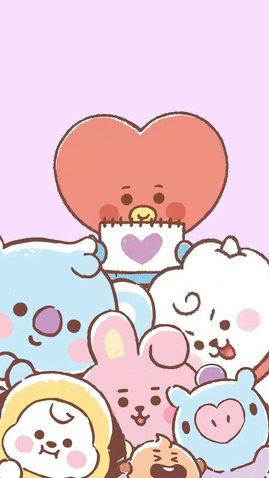 BT21 Kawaii Character Group Holding Heart Card on Pastel Pink Background HD phone wallpaper