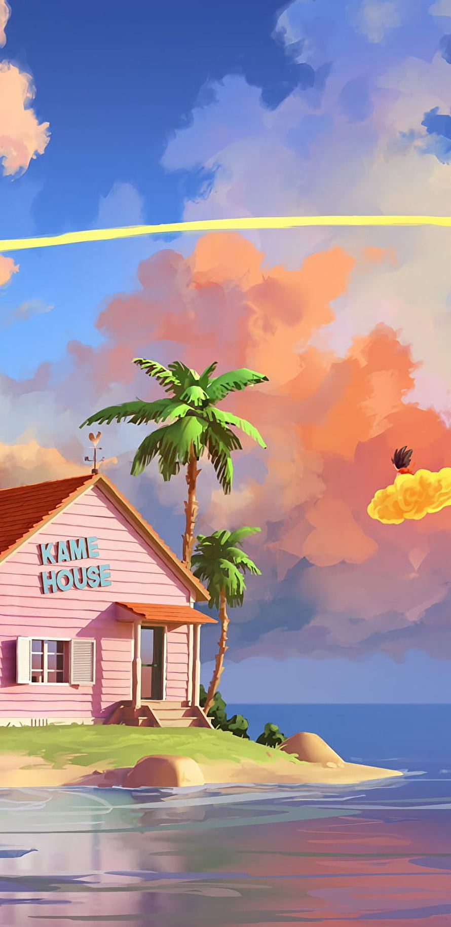 Kame House Tropical Island Cottage with Palm Trees and Vibrant Sunset Sky HD phone wallpaper