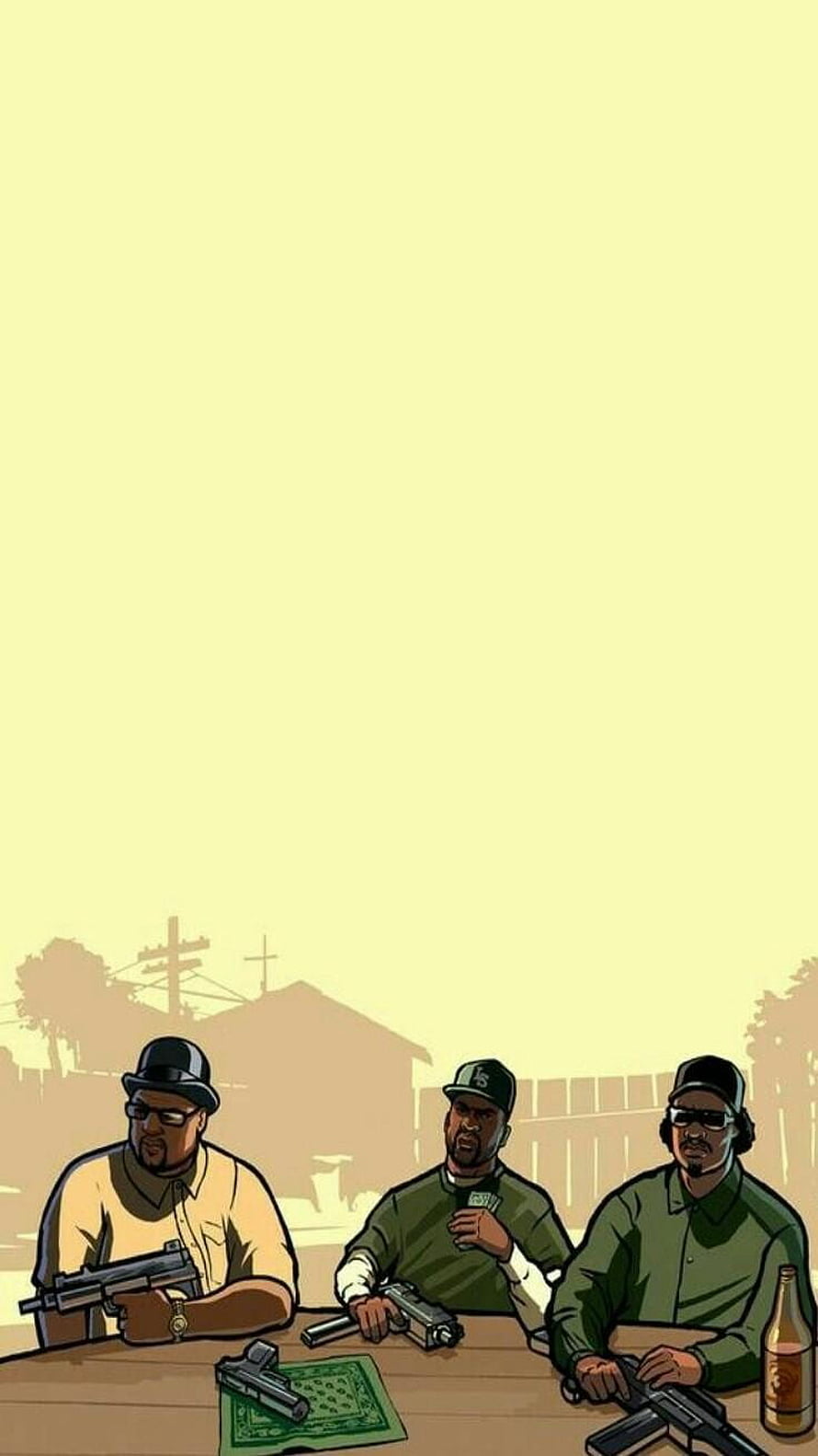 Cartoon Illustration of Three Men with Guns and Money at a Table HD phone wallpaper