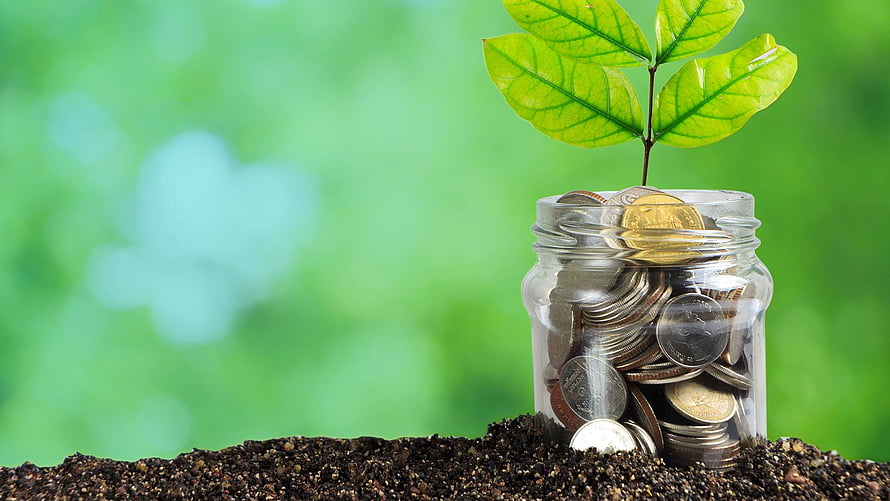 Growing Investment Concept with Coins in a Glass Jar and a Green Sprout on Soil HD wallpaper