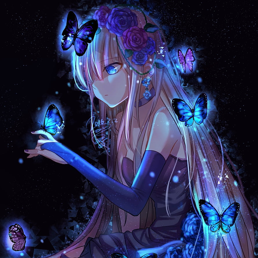 Anime Girl With Glowing Blue Butterflies And Purple Roses HD phone wallpaper