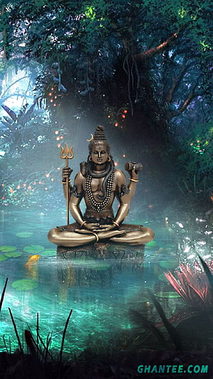 Bronze Shiva Statue Meditating in Mystical Forest Pond with Trishul and Damru HD phone wallpaper