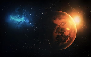 Red Planet Orbiting a Glowing Star with Blue Nebula in Deep Space HD wallpaper