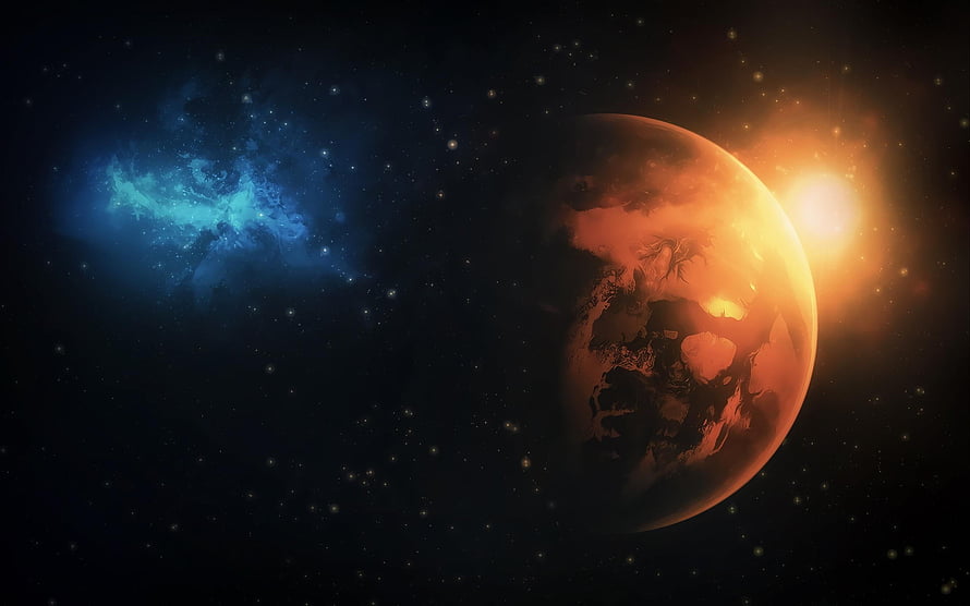 Red Planet Orbiting a Glowing Star with Blue Nebula in Deep Space HD wallpaper