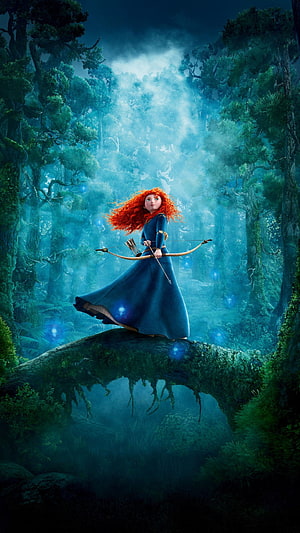 Merida from Disney Brave Standing in a Misty Forest with Bow and Arrow HD phone wallpaper