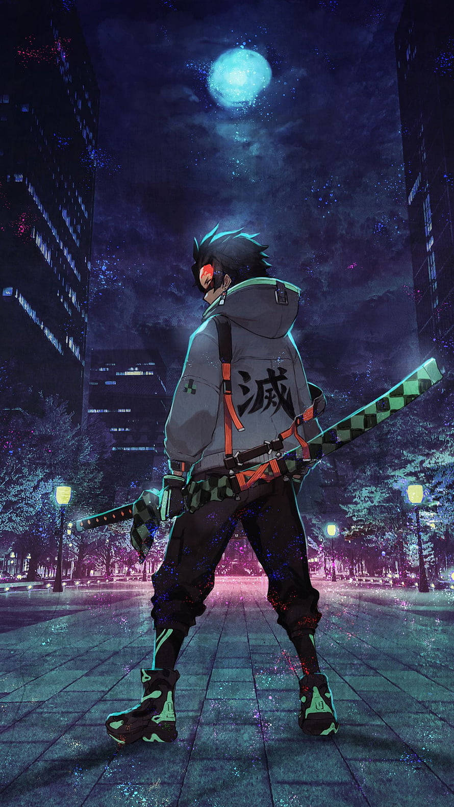 Demon Slayer Character with Katana in Neon-Lit Urban Night Scene HD phone wallpaper