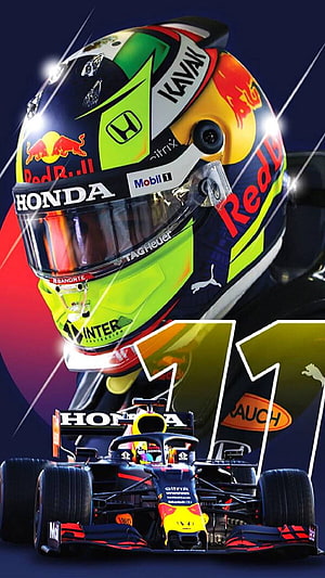 Sergio Perez Red Bull Racing Honda F1 Helmet and Car Artwork HD phone wallpaper