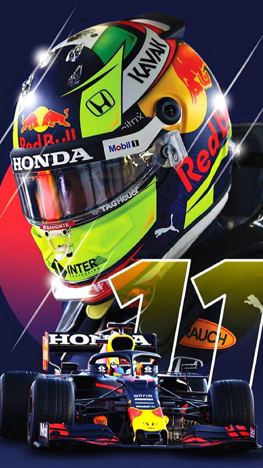 Sergio Perez Red Bull Racing Honda F1 Helmet and Car Artwork HD phone wallpaper