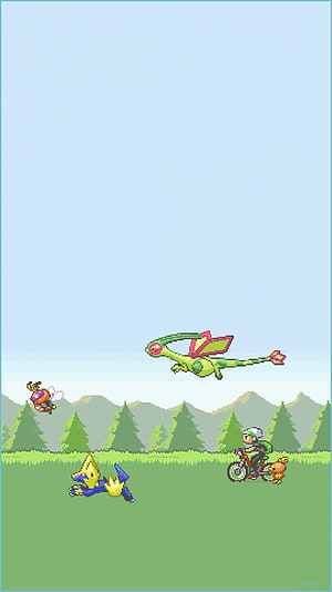 Pokemon Emerald Pixel Art Scene with Rayquaza, Pichu, and Trainer on Motorcycle in Grassland HD phone wallpaper