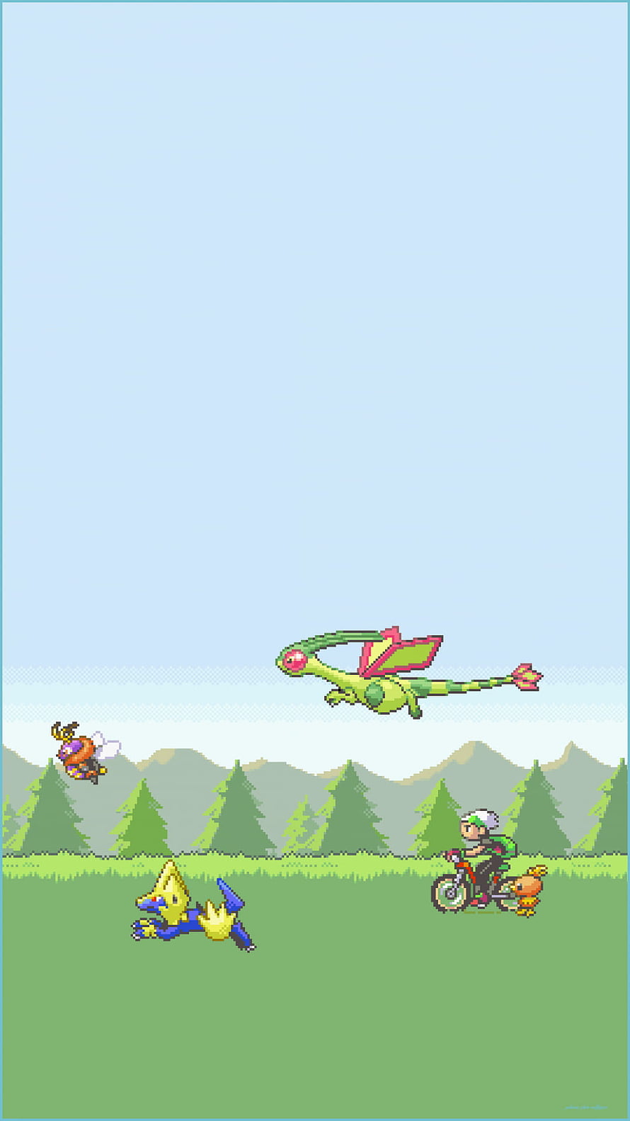 Pokemon Emerald Pixel Art Scene with Rayquaza, Pichu, and Trainer on Motorcycle in Grassland HD phone wallpaper
