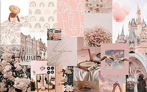 Aesthetic Pink Mood Board Collage Featuring Disney Castle, Vintage Van, Flowers, and Abstract Art HD wallpaper
