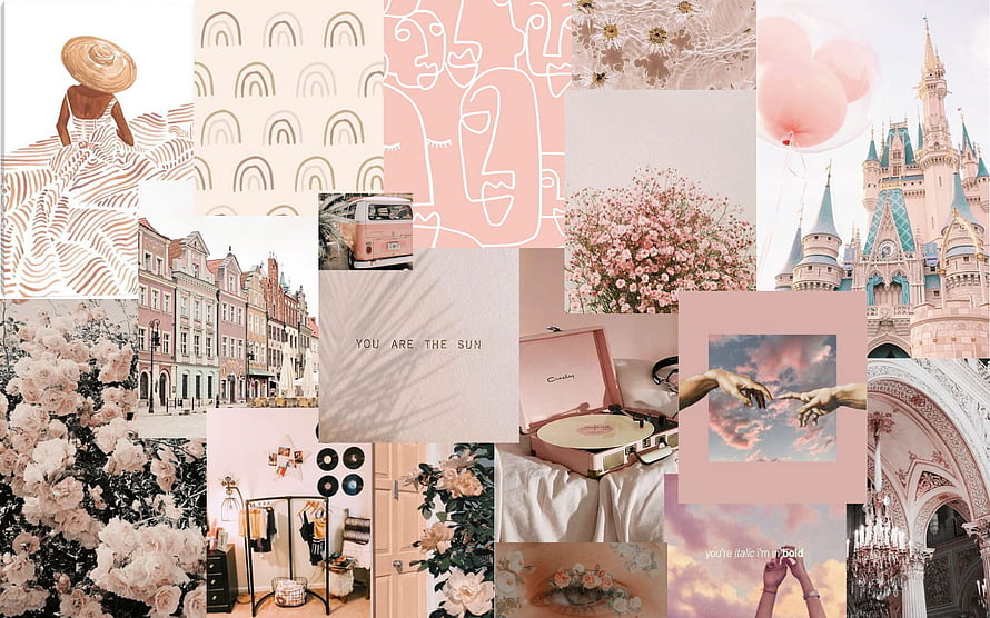 Aesthetic Pink Mood Board Collage Featuring Disney Castle, Vintage Van, Flowers, and Abstract Art HD wallpaper