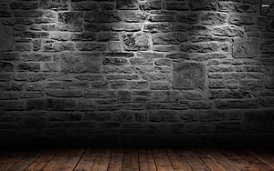 Dark rustic stone brick wall with weathered wooden plank floor in moody interior setting HD wallpaper