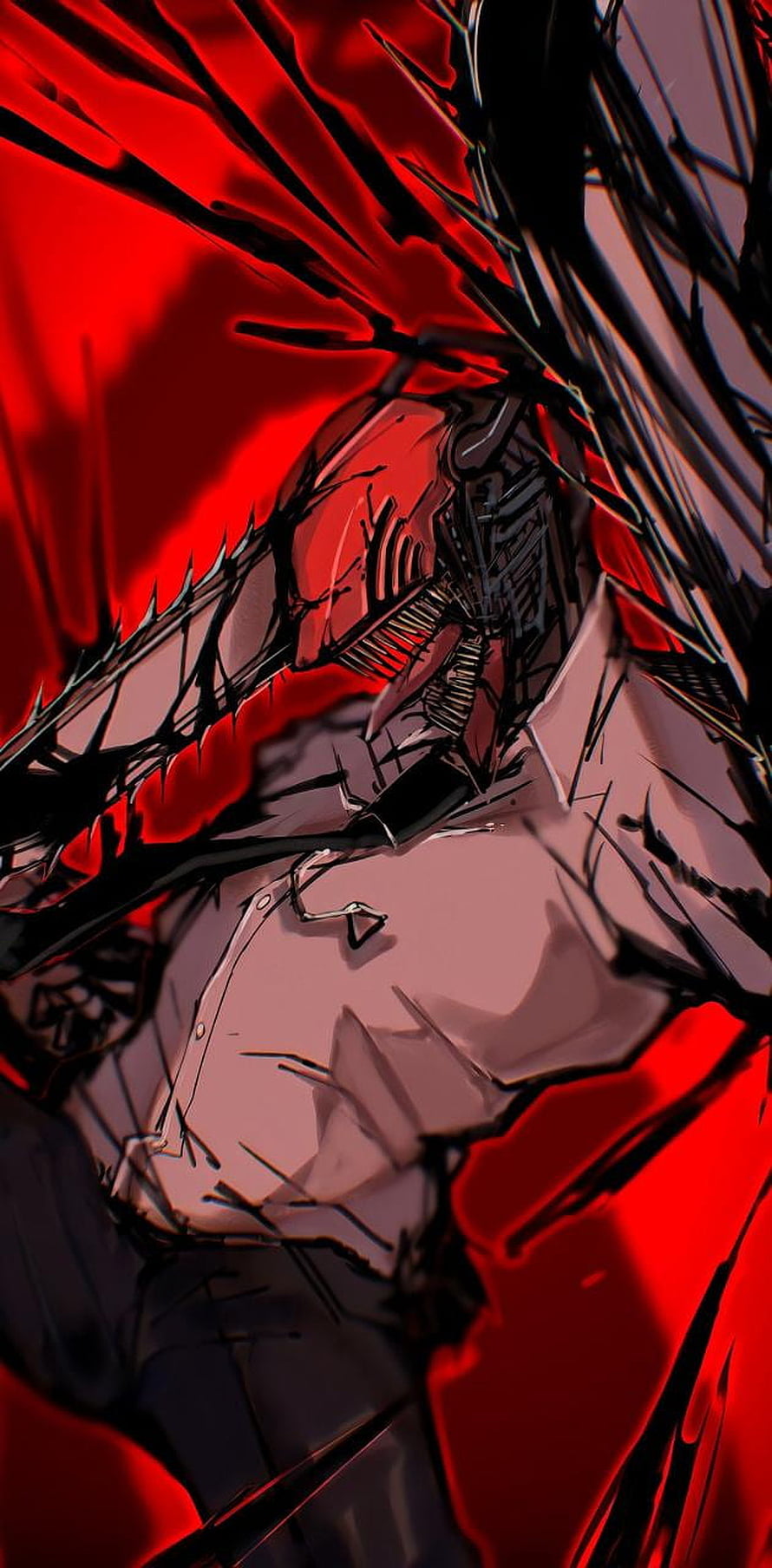 Denji from Chainsaw Man in a dramatic red and black manga style illustration, Chainsaw man by Reaperwh, denji chainsaw man HD phone wallpaper
