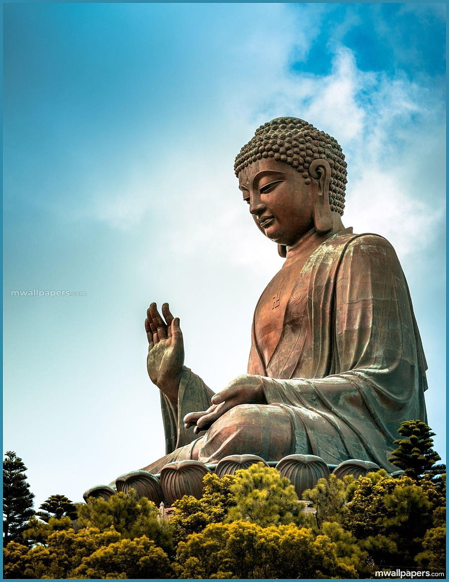Tian Tan Buddha statue in Lantau Island Hong Kong sitting on lotus throne against blue sky HD phone wallpaper