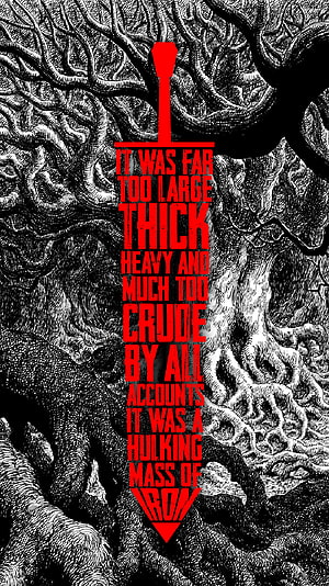 Red Sword Typography on Intricate Black and White Tree Roots Background HD phone wallpaper