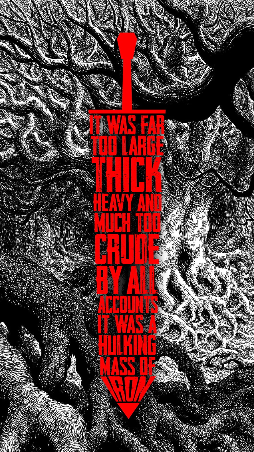 Red Sword Typography on Intricate Black and White Tree Roots Background HD phone wallpaper