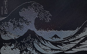 Monochrome Japanese Woodblock Print of a Giant Wave and Mount Fuji HD wallpaper