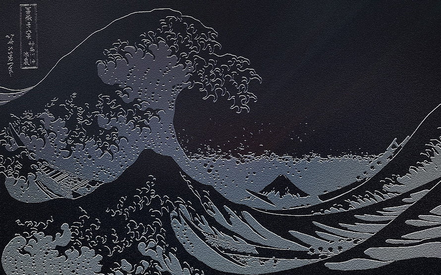 Monochrome Japanese Woodblock Print of a Giant Wave and Mount Fuji HD wallpaper