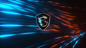 MSI Dragon Shield Logo with Neon Blue and Orange Light Streaks on Dark Background HD wallpaper