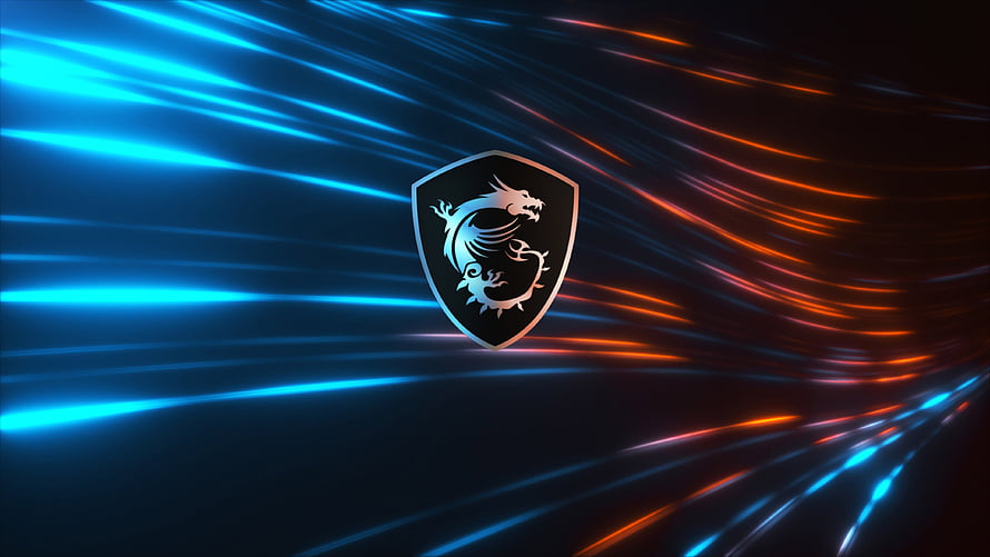 MSI Dragon Shield Logo with Neon Blue and Orange Light Streaks on Dark Background HD wallpaper