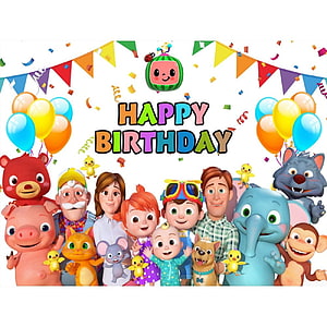 Cocomelon Family Birthday Party Banner with Colorful Balloons and Confetti HD phone wallpaper
