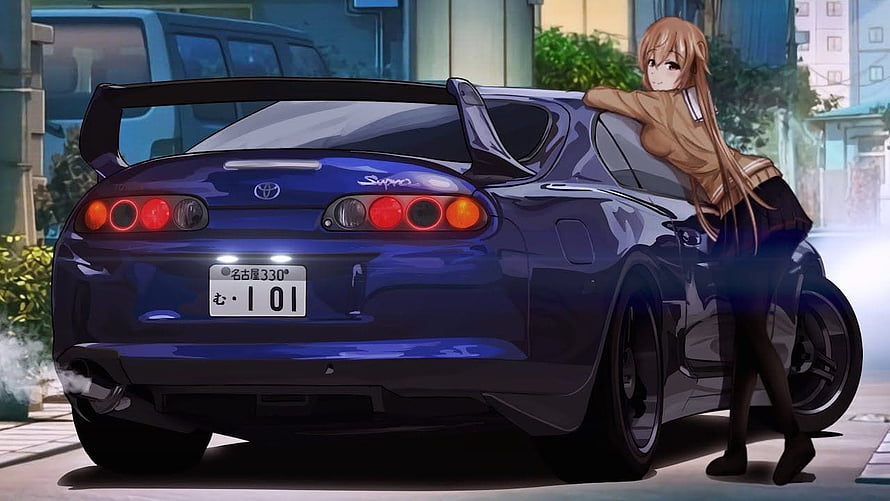 Anime Girl Leaning on Blue Toyota Supra in Urban Street Setting HD wallpaper