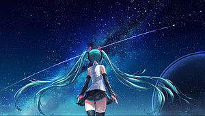 Hatsune Miku Anime Girl Watching Shooting Star in Space HD wallpaper