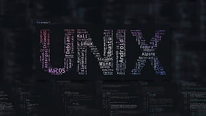 Unix and Linux Distributions Word Cloud on Dark Terminal Background HD wallpaper