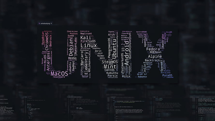Unix and Linux Distributions Word Cloud on Dark Terminal Background HD wallpaper